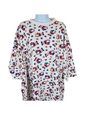 Vintage Christmas Santa Claus Nightgown White Multi Holiday Sleepwear Women’s XL
